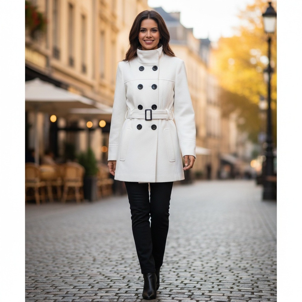 Dunnes Pea Coat Jacket‎ Women's Size 12 Double Breasted White Belted Chic Retro
